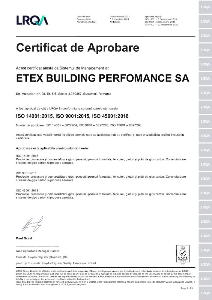ISO 14001 9001 45001 - Certificat de aprobare