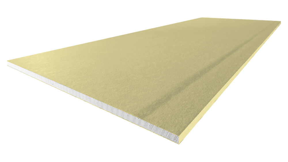 Placa din ipsos aditivat, armat cu fibre de sticlă și o împâslitură din fibre de culoare galbenă dispusă pe ambele feţe