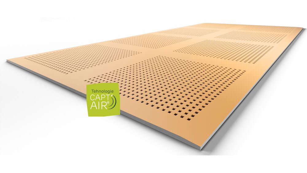 Placi cu perforatii in blocuri, cu invelis cu rol de corectie acustica; Tehnologie CAPT’AIR pentru imbunatatirea calitatii aerului; Disponibila si in versiunea WAB