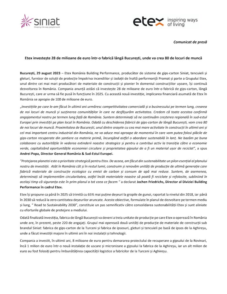 29 august 2023 - Etex Building Performance investește 28 de milioane de euro într-o fabrica lângă București unde va crea 80 de locuri de muncă